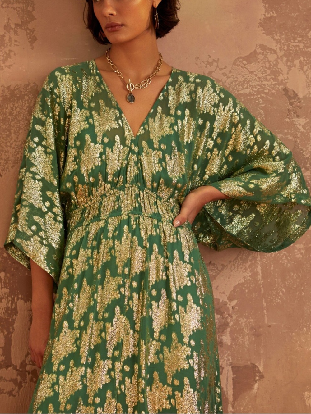 Oliver Bonas Green Metallic Floral V-Neck Midi Dress